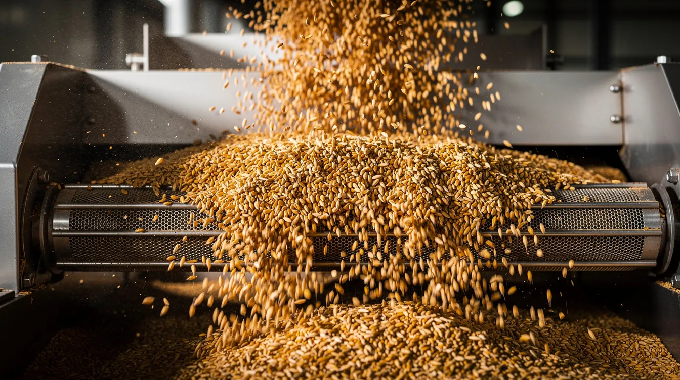 28480eb6 5a8e 4062 bdec e336bc709d15 A close-up view captures golden wheat grains as they are poured and sorted within an industrial cleaning machine, part of the flour mill machinery used in India. The image highlights the process of preparing grains for further production in a besan plant.