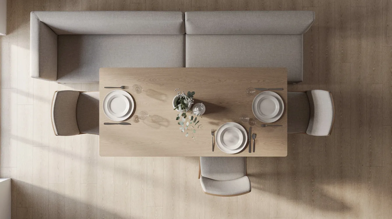 Bovenaanzicht van een rechthoekige eettafel met een eetkamerbank aan één kant en twee losse stoelen aan de andere kant, wat zorgt voor extra zitplaatsen en een gezellige sfeer. De leren eetkamerbank past perfect tegen de muur en biedt een warme uitstraling voor lange diners met vrienden en familie.
