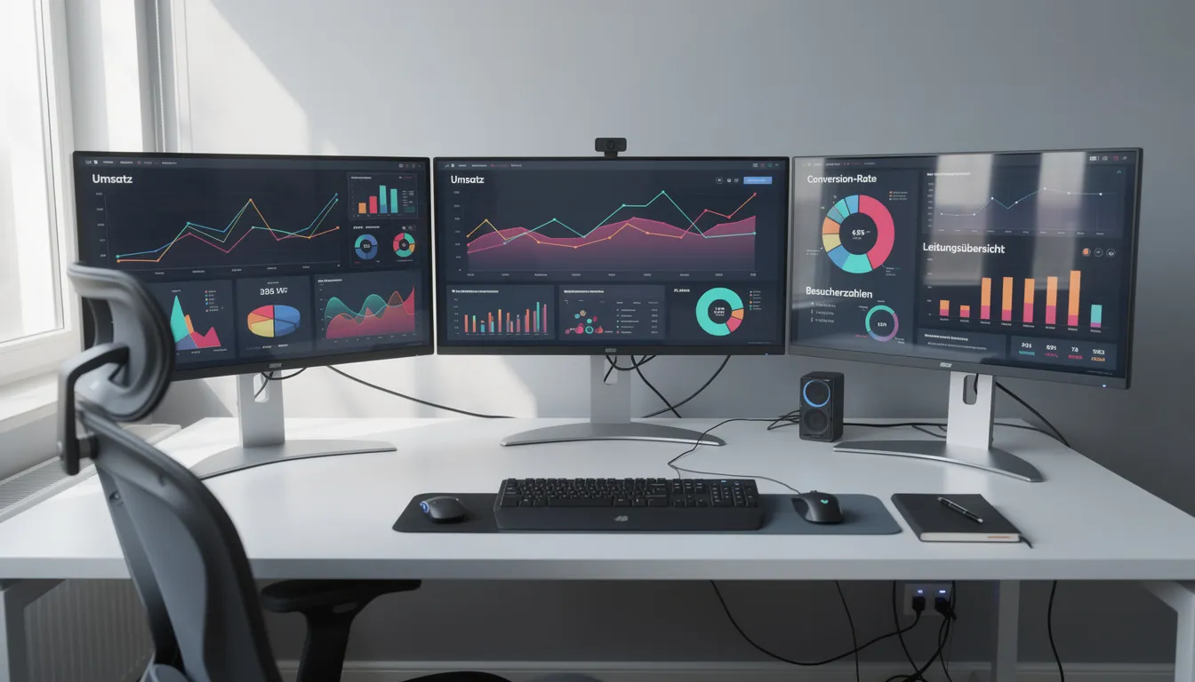 Das Bild zeigt einen modernen Arbeitsplatz mit mehreren Monitoren, auf denen verschiedene Analyse-Dashboards für SEO-Tools zu sehen sind. Die Bildschirme präsentieren Daten zur Keyword-Recherche, Content-Optimierung und Rankings, die für die Verbesserung von Webseiteninhalten und die Nutzung von AI-Tools wie Surfer SEO wichtig sind.