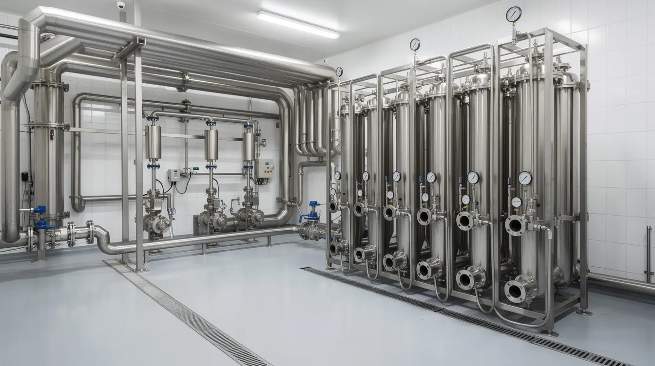 284aa4ff 4877 4033 bb9d 4e82fdf52cca The image shows industrial ultrafiltration membrane modules and stainless-steel piping within a dairy processing facility, highlighting the advanced technology used in whey processing to separate liquid whey from cheese production. This setup is crucial for producing high-quality whey protein concentrate and other dairy products while ensuring optimal protein content and functional properties.