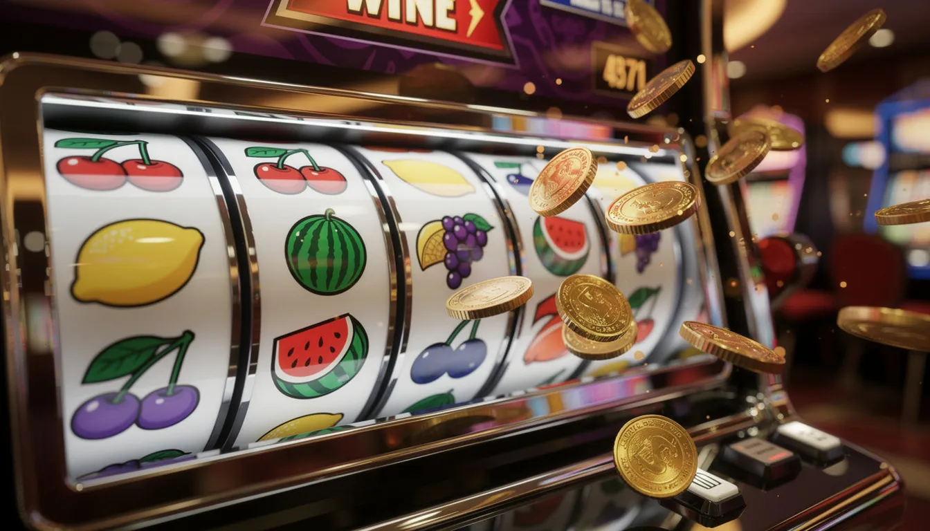 En färgglad spelautomat med snurrande hjul som visar fruktsymboler och gyllene mynt. Denna slotmaskin erbjuder spelaren en chans att vinna stort med sina unika funktioner och bonusar.