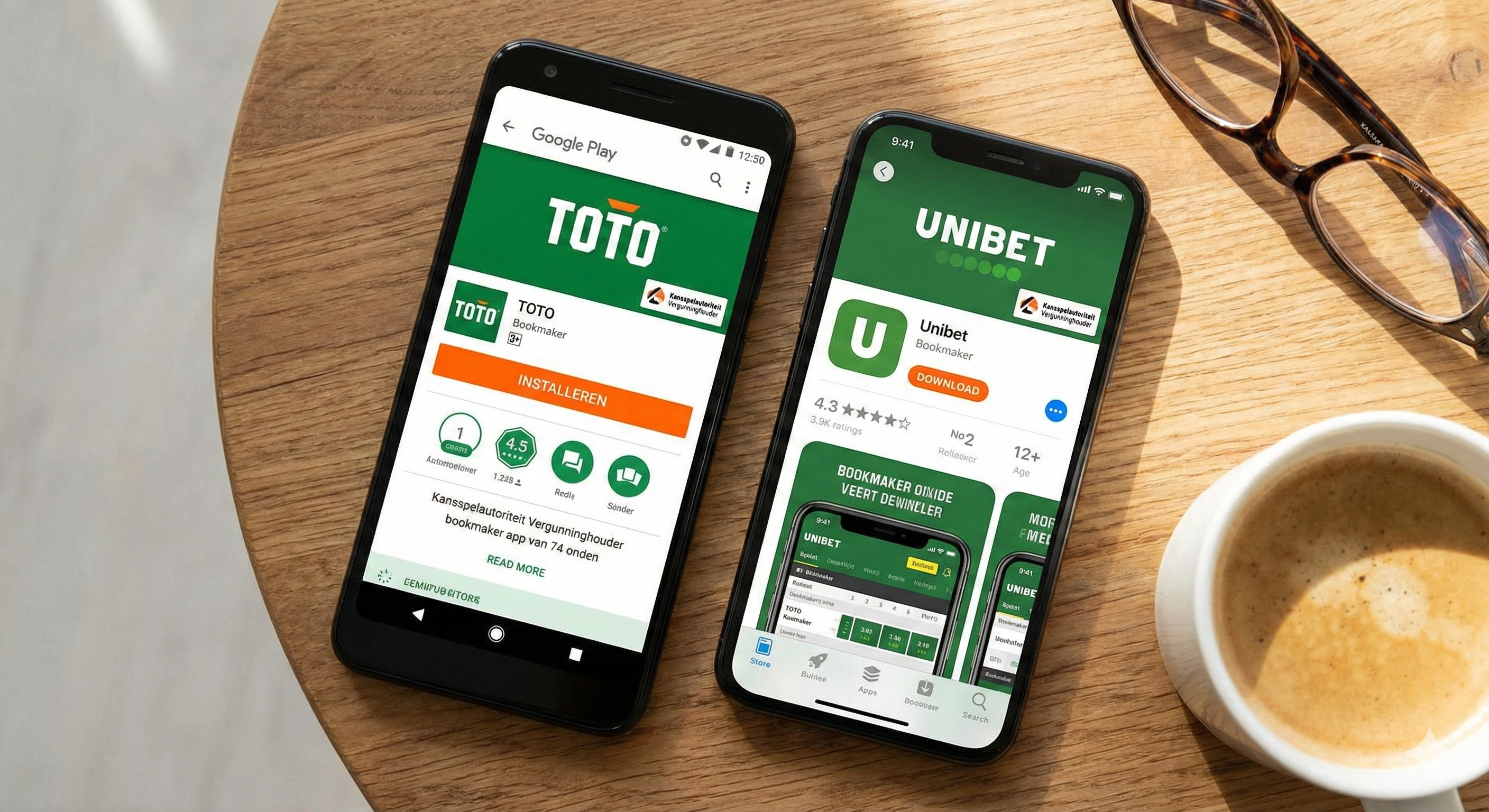 TOTO- en Unibet-apps zichtbaar in Google Play en App Store op twee smartphones.