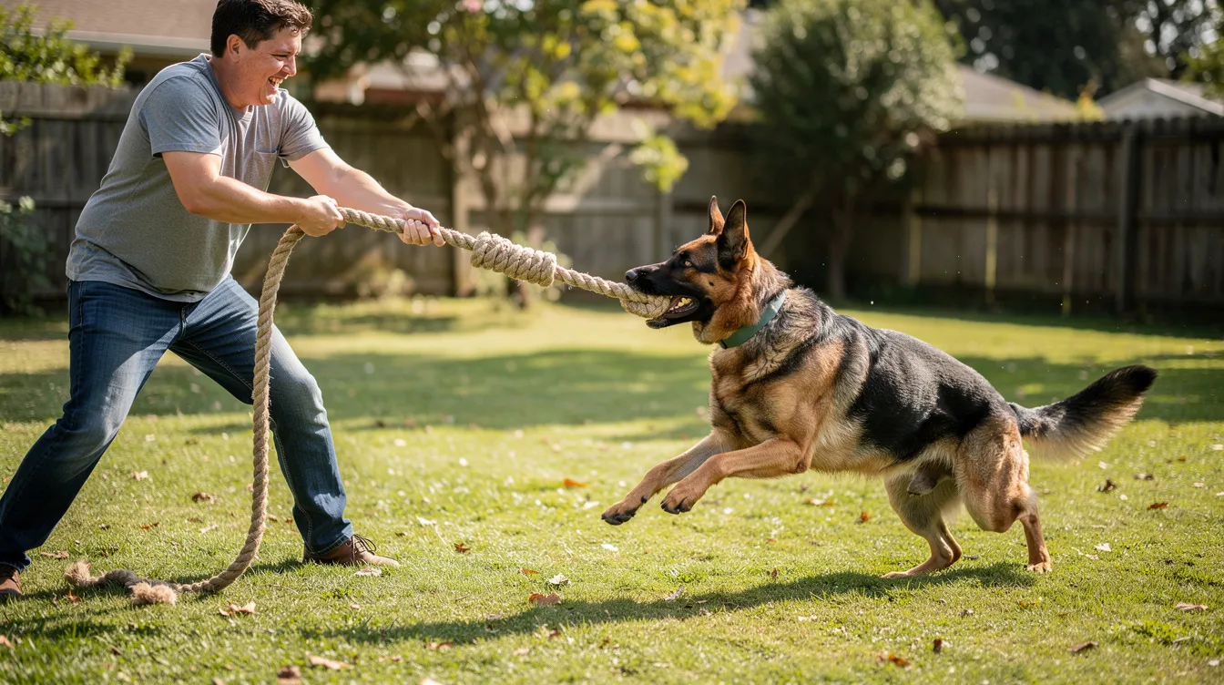 A person is engaged in a lively game of tug of war with a German Shepherd using a durable rope toy outdoors, showcasing an interactive playtime that promotes quality bonding between the dog and its owner. This scene highlights the fun and excitement that come with playing with the best dog toys, ensuring the dog's mental stimulation and physical activity.