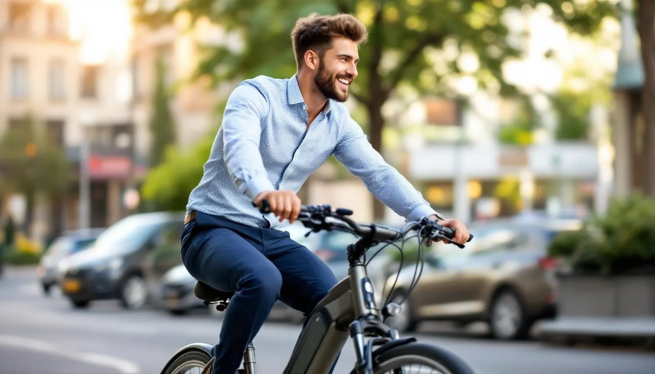 Ein Mitarbeiter fährt mit einem E-Bike zur Arbeit, was ein Beispiel für die steuerbegünstigte Gehaltsumwandlung über Jobrad im Rahmen der betrieblichen Altersvorsorge darstellt. Diese Form der Entgeltumwandlung ermöglicht es Arbeitnehmern, ihre Altersversorgung zu optimieren und gleichzeitig von Vorteilen wie reduzierten Steuern und Sozialabgaben zu profitieren.