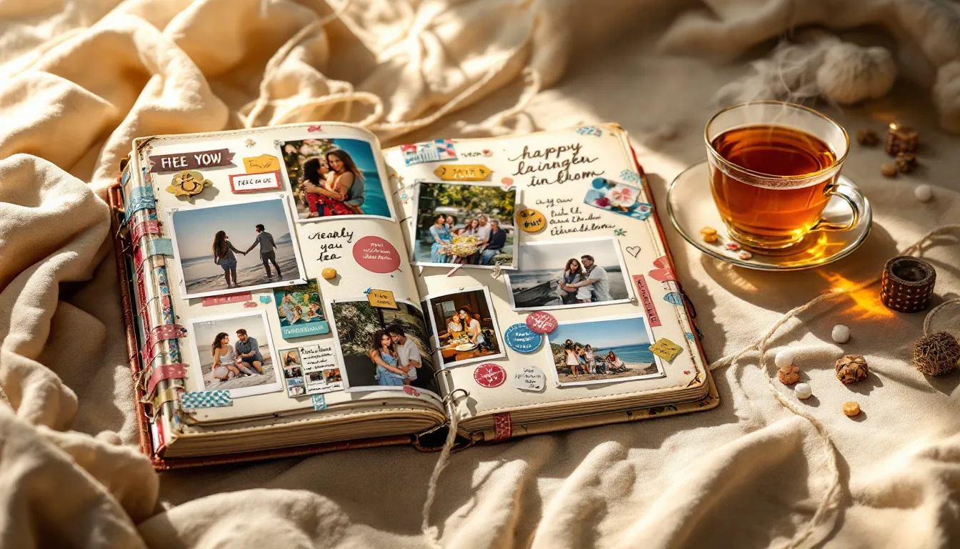 A cozy scrapbook filled with printed photos, washi tape, and stickers sits on a kitchen counter, accompanied by a cup of tea. This aesthetically pleasing arrangement captures the essence of thoughtful birthday gifts, perfect for creating lasting memories with friends.