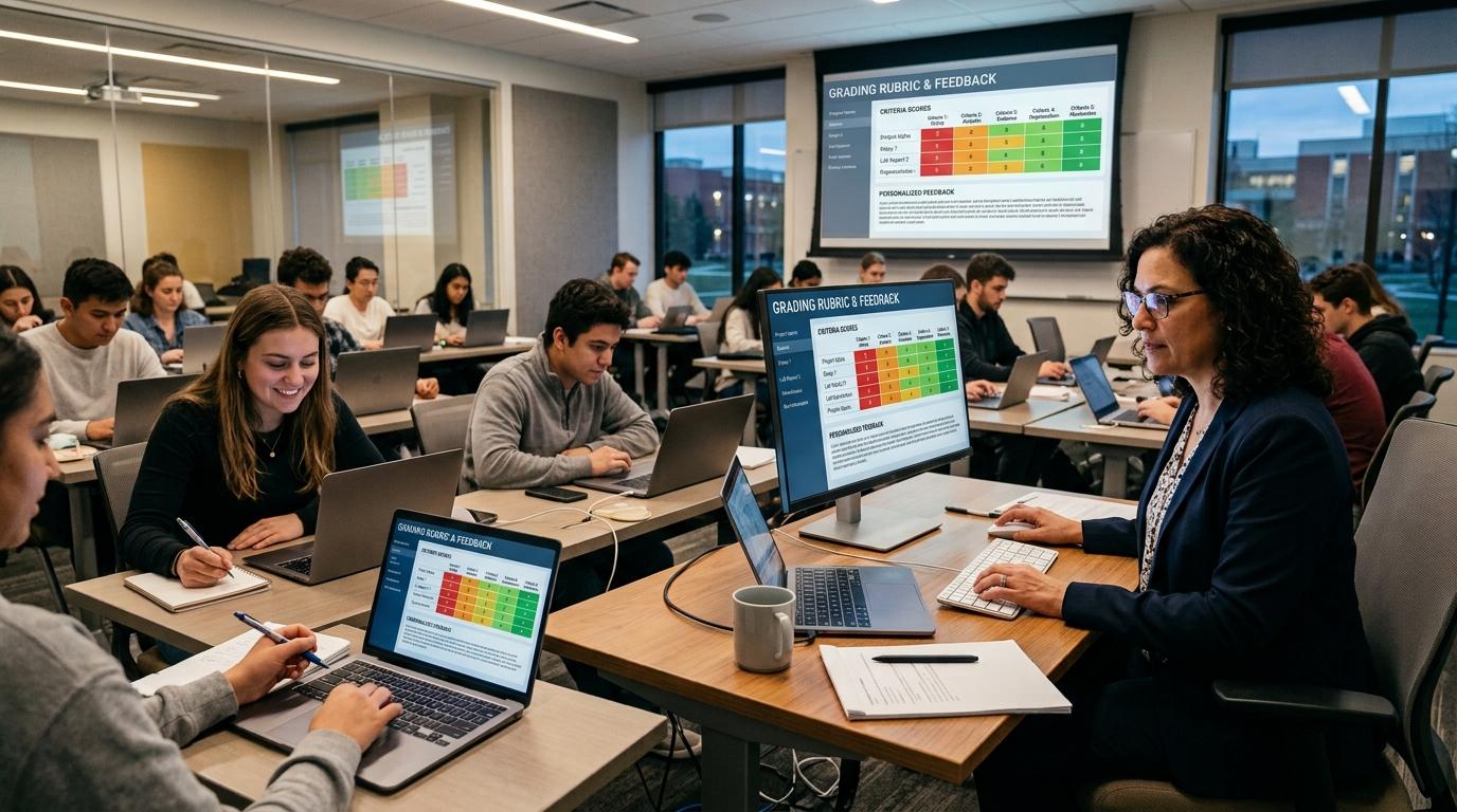 University instructor reviewing AI-assisted rubric-based grading with personalized feedback while students receive detailed assignment evaluations in a modern digital classroom