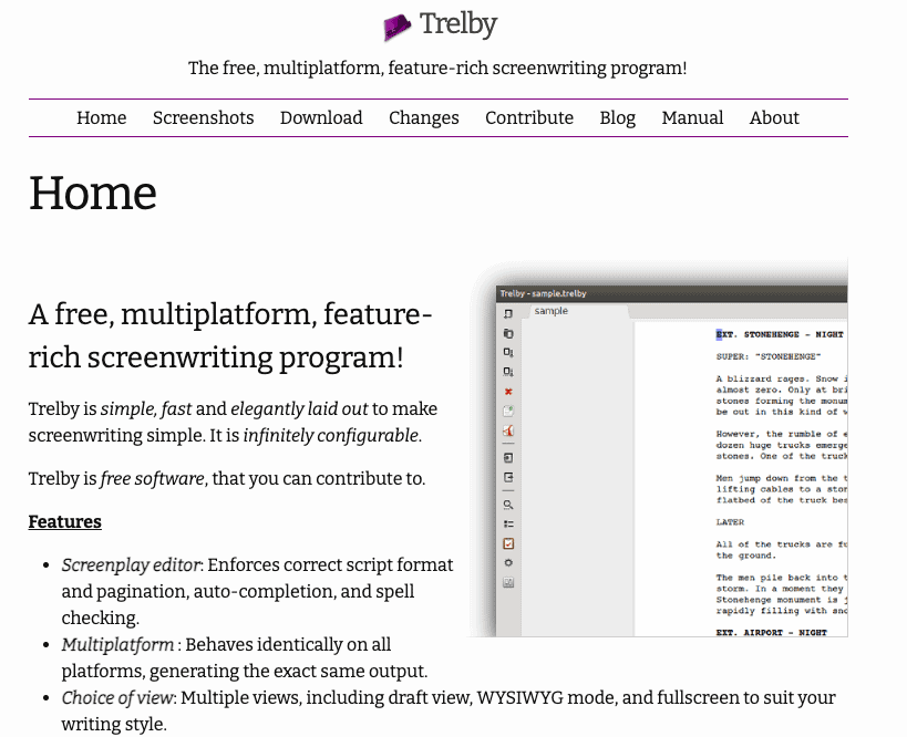 Software de escritura Trelby Script - descripción general