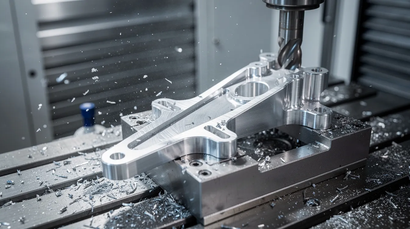 The image shows a close-up view of a 5-axis CNC milling machine actively cutting a complex aluminum aerospace bracket, showcasing the precision CNC machining capabilities required for high-quality parts in the aerospace industry. The intricate details of the bracket highlight the machine's advanced technology and ability to achieve tight tolerances essential for aerospace applications.