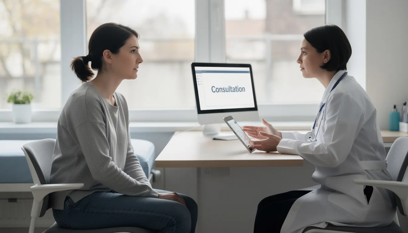 Une femme est assise dans un cabinet médical, discutant avec un professionnel de santé au sujet de ses règles peu abondantes et de l'impact de son cycle menstruel sur sa santé. Ils échangent des questions sur les symptômes, les causes et les solutions possibles pour améliorer son bien-être.