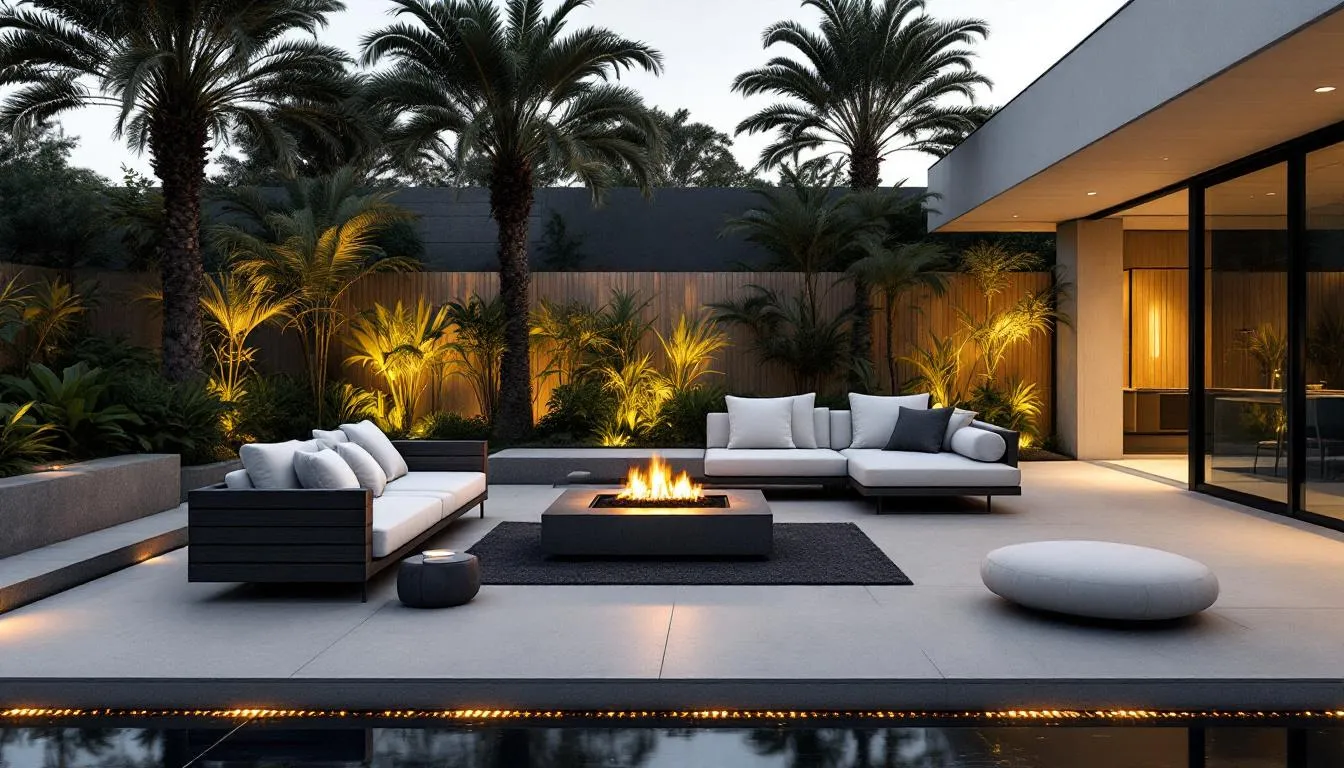 An enhanced outdoor living space featuring cozy seating and fire features.