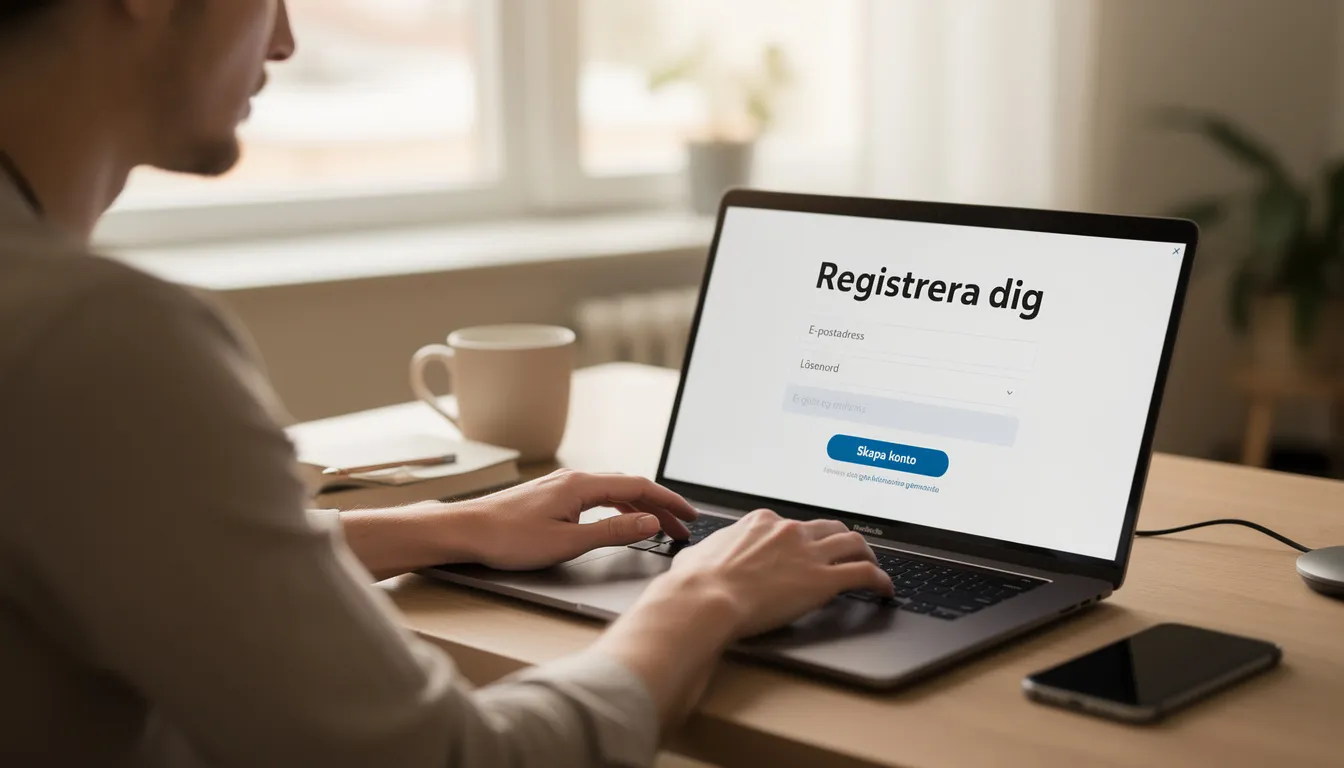 En person sitter vid en dator och registrerar sig för en onlinetjänst, troligtvis ett casino där man kan använda Skrill som betalningsmetod. Skärmen visar formulär för att skapa ett konto och möjligheter för insättningar och uttag via Skrill.
