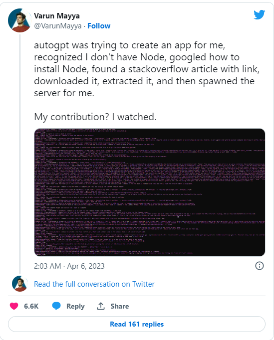 Tweet from @varunmayya about how AutoGPT noticed user didn't have Node, and installed it