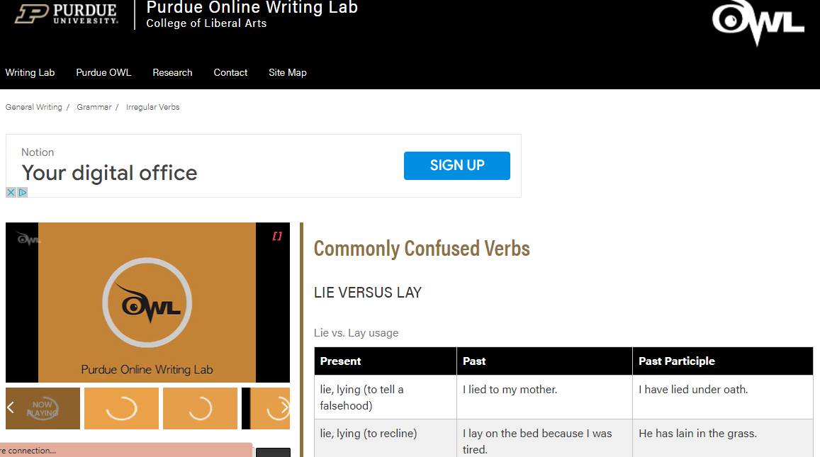 Purdue Writing Lab's page for Commonly Confused Verbs