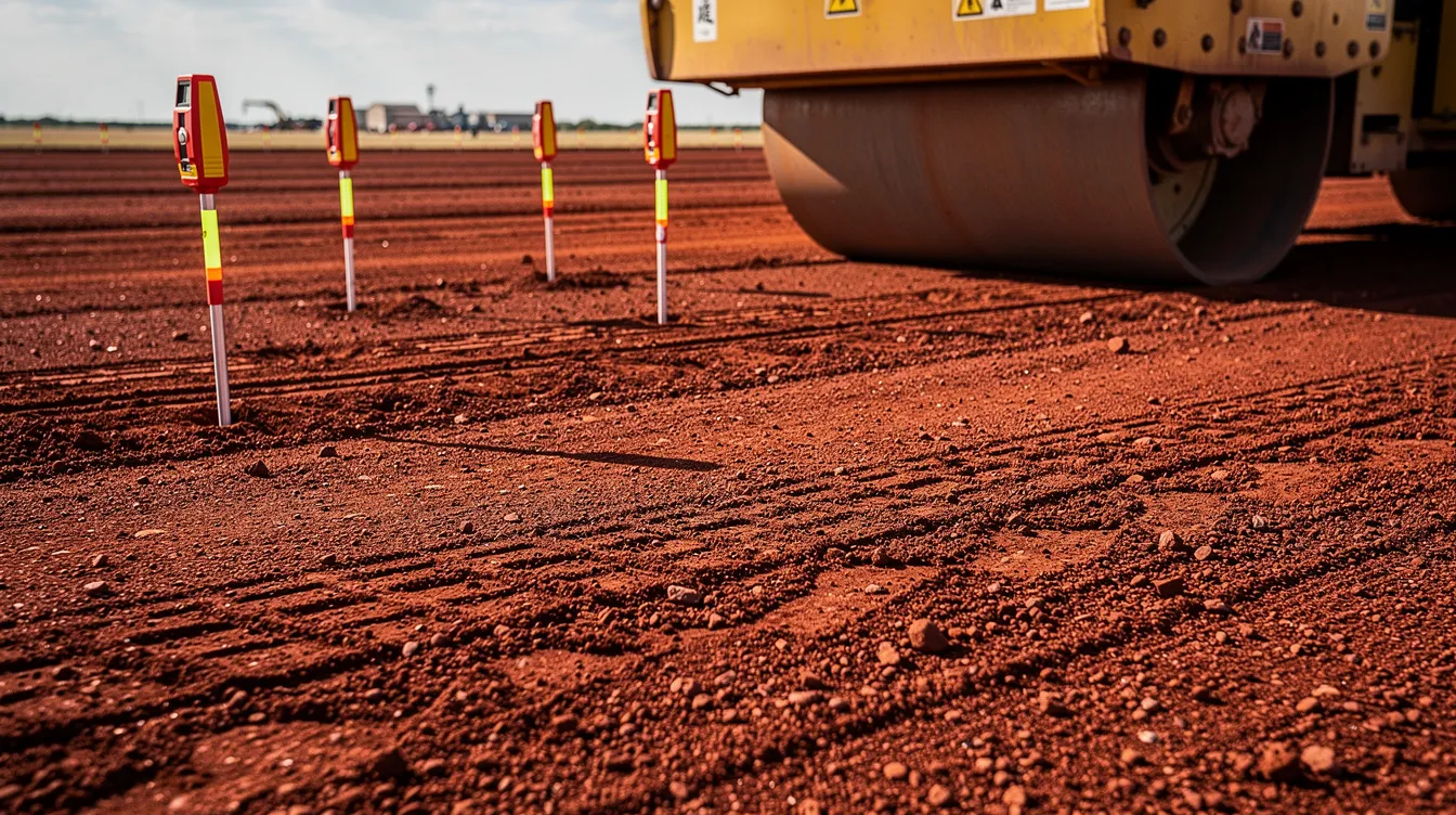 A close-up view of dark red Oklahoma clay soil being compacted by a heavy vibratory roller machine, with sunlight illuminating the textured surface. Nearby, laser leveling stakes indicate a professional construction site in Oklahoma City, showcasing the quality of earthwork and excavation services provided by skilled contractors.