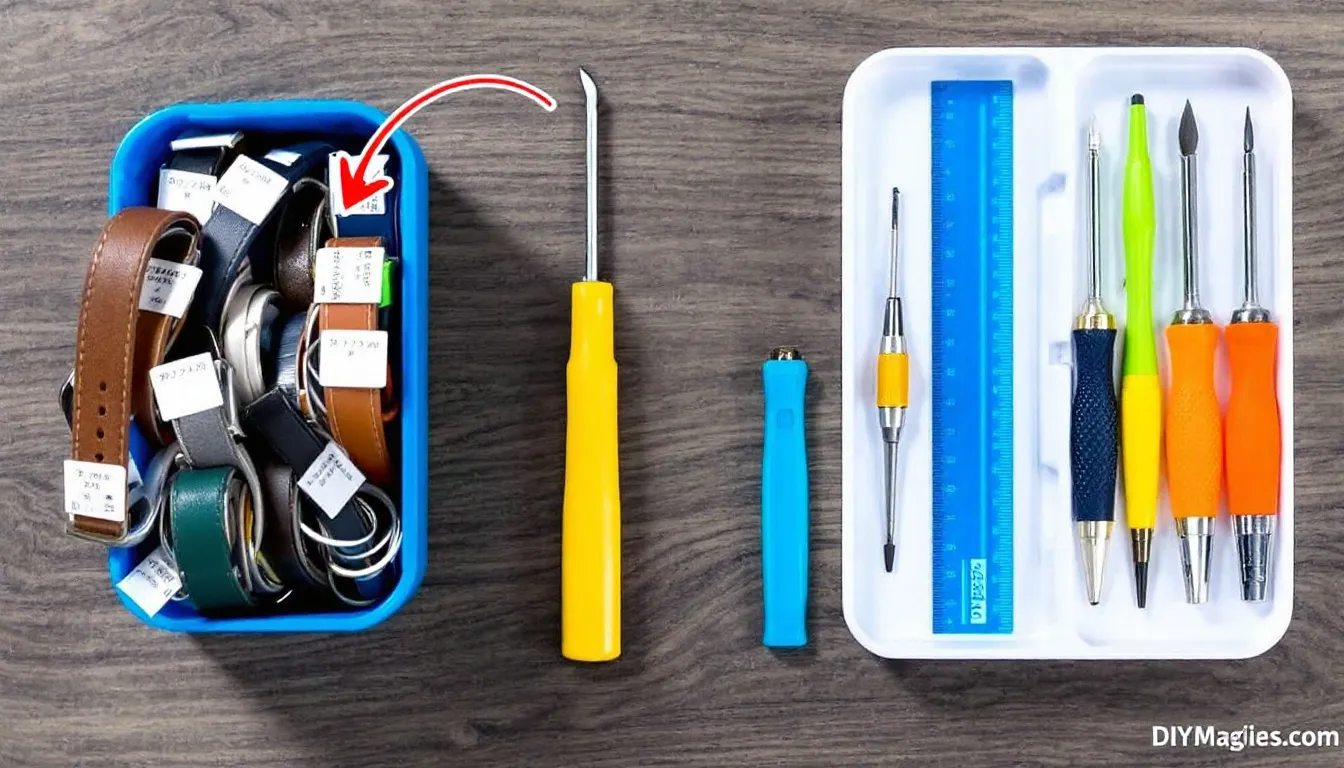 Essential tools for replacing a watch strap, including a spring bar tool.