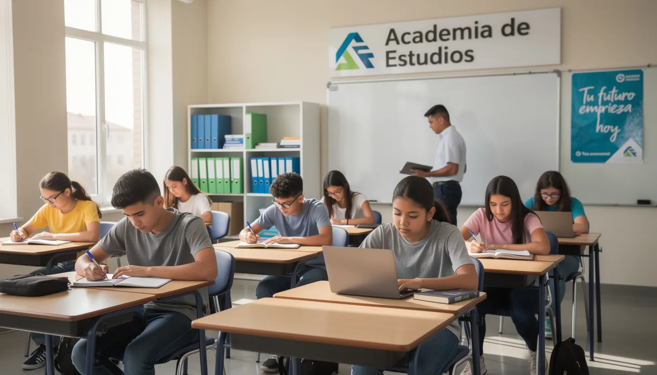En la imagen se pueden ver a varios adolescentes concentrados en una academia de francés, participando activamente en sus clases y utilizando materiales de estudio. El aula está organizada para fomentar el aprendizaje del idioma y la cultura francesa en un ambiente colaborativo.