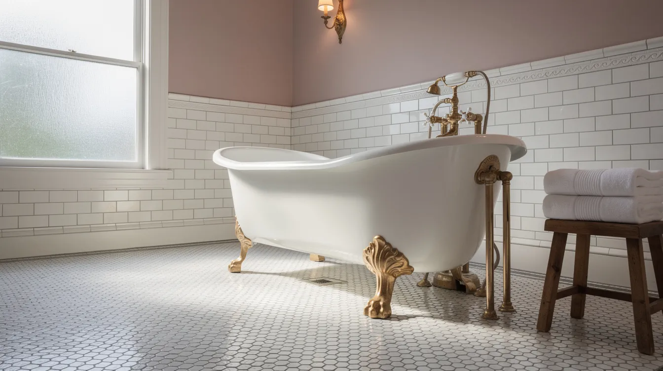 The image features a vintage claw-foot bathtub positioned in a classic bathroom adorned with elegant tile flooring. This charming cast iron tub, ideal for bathtub refinishing, showcases the potential for a long-lasting finish that can restore its original beauty, making it a cost-effective option for those considering bathtub reglazing or refinishing methods.