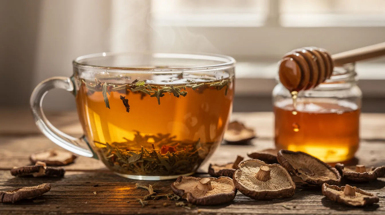 A cozy scene featuring a warm cup of herbal tea on a wooden table, accompanied by dried reishi mushroom slices and a jar of honey, highlighting the potential health benefits of reishi mushrooms for immune system support and overall well-being. The arrangement suggests a soothing moment of relaxation and wellness through traditional herbal medicine.