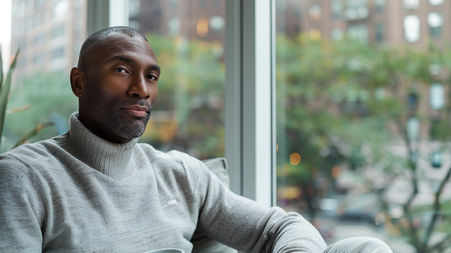 Black professional man in a Manhattan apartment considering men's group therapy NYC for professionals.