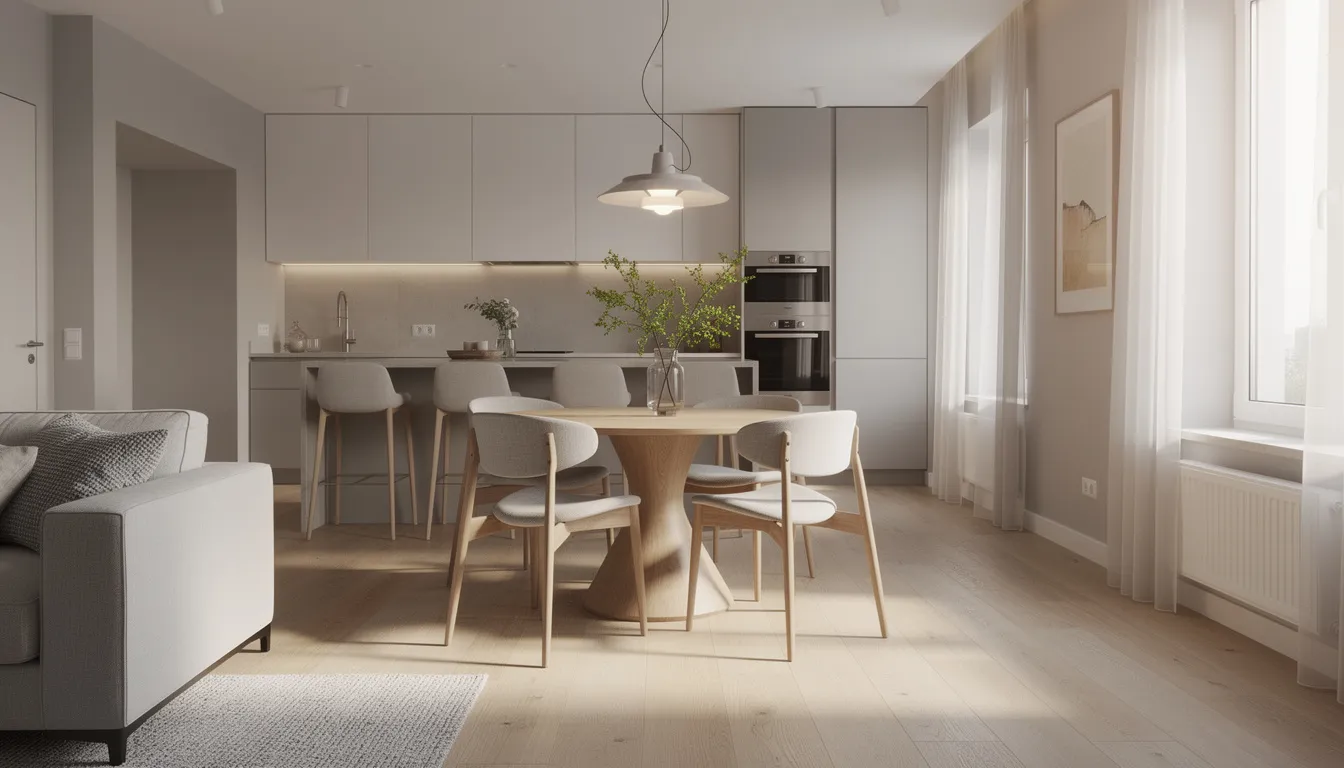 The image depicts an open-plan living and dining area featuring a round dining table beneath a stylish pendant light, with the kitchen visible in the background. This inviting space highlights the importance of dining room furniture in enhancing everyday family meals and creating memorable experiences around the table.
