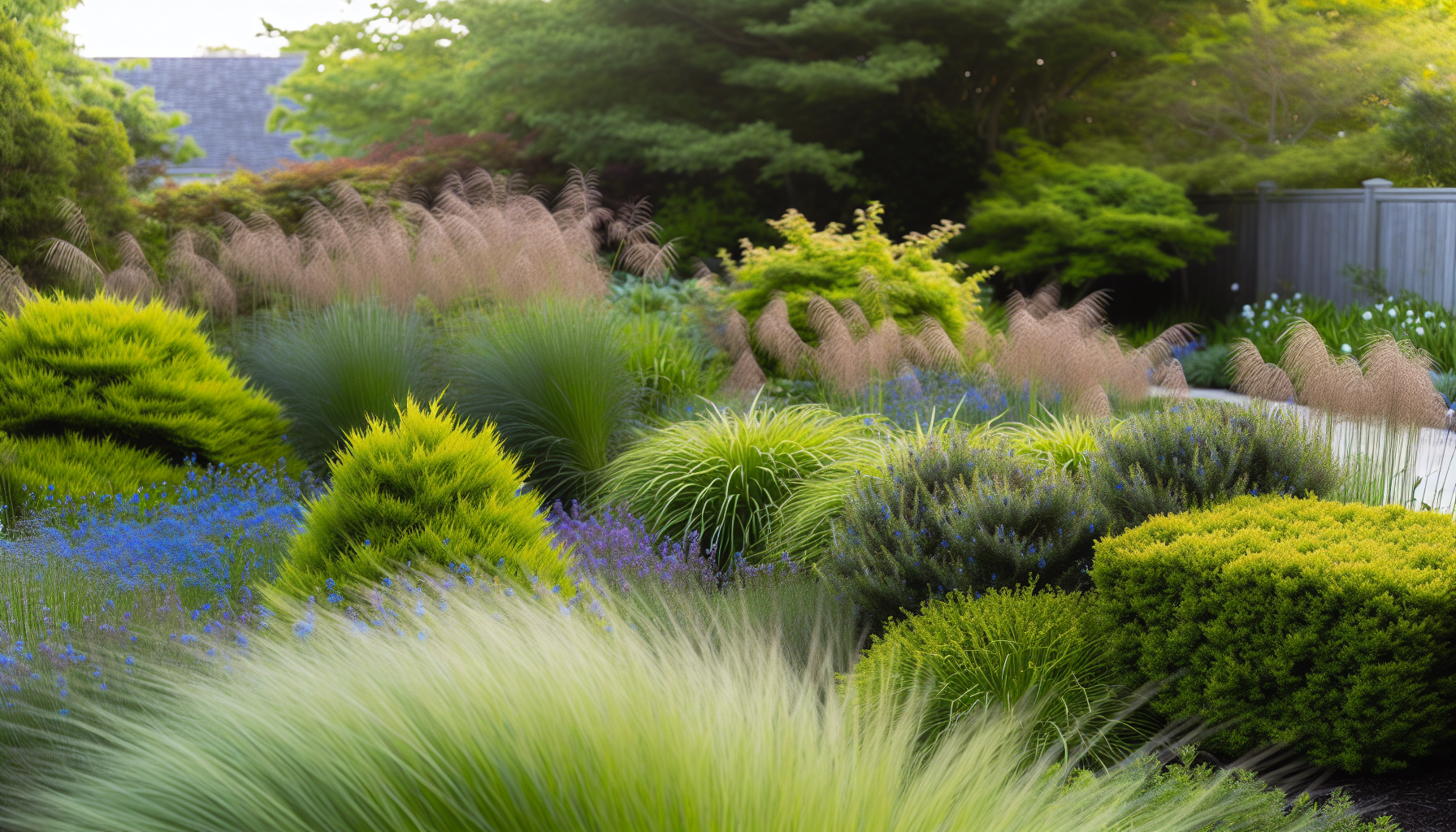 Deer-resistant ornamental grasses and shrubs enhancing garden texture