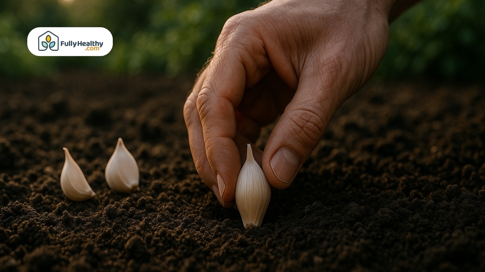 Hand planting garlic clove into rich dark soil in garden