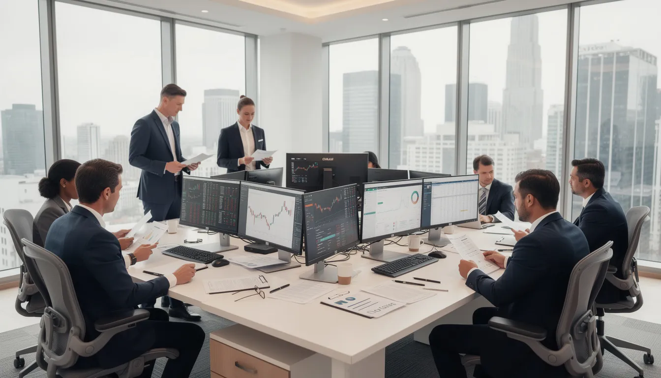 The image depicts a modern office environment where financial professionals are engaged in reviewing documents on computer screens, likely analyzing credit reports and credit histories. The scene captures a collaborative atmosphere focused on monitoring credit and ensuring the accuracy of financial information.