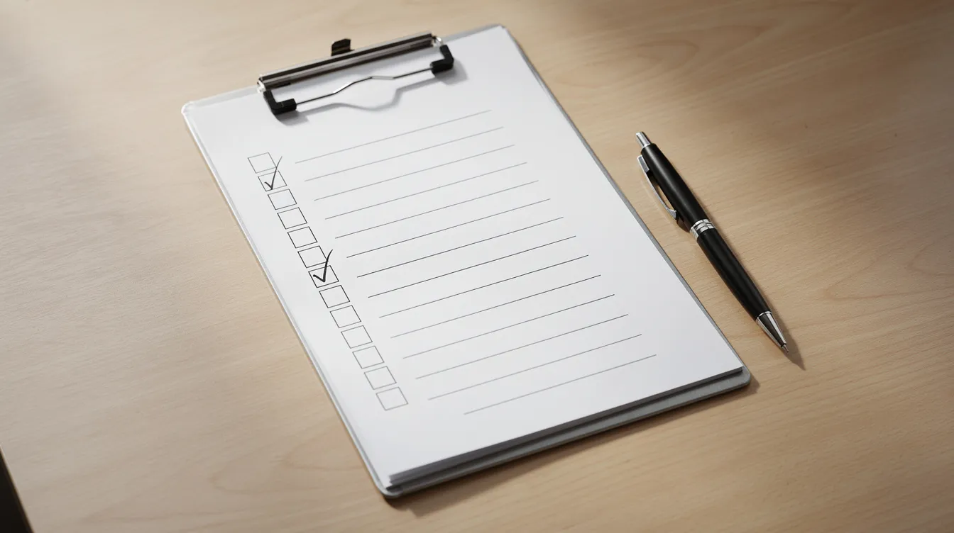 The image features a professional checklist on a clipboard, accompanied by a pen, resting on a clean wooden desk. This setup suggests a focus on organization and planning, possibly related to the roles and responsibilities of elected members in a democratic government.