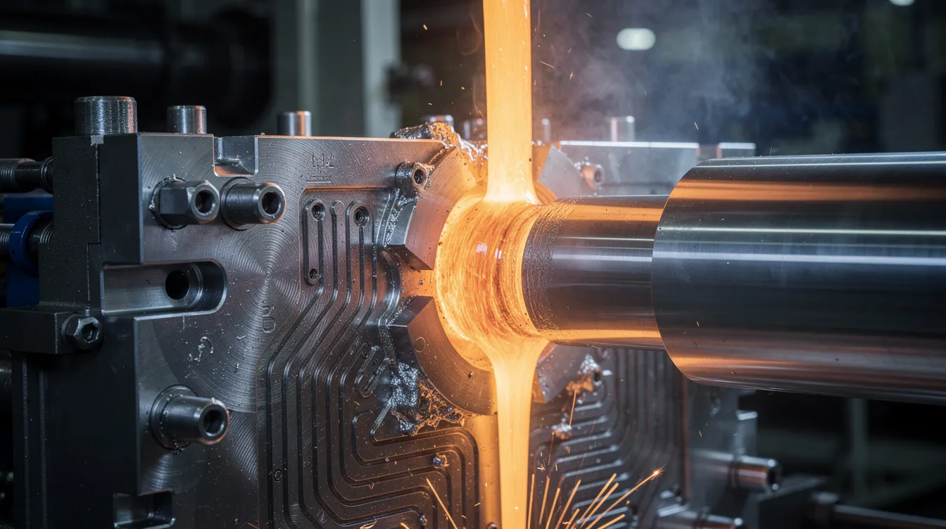 The image depicts molten aluminum being injected into a steel die casting mold within an industrial machine, showcasing the metal casting technique used for creating complex metal parts with high precision. This process is essential for producing intricate shapes and components efficiently in high volume production.