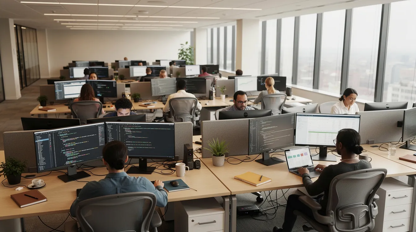 The image depicts a modern open office space filled with employees working at desks equipped with multiple monitors and laptops, illuminated by natural light. This environment reflects the integration of AI technologies and tools, where teams may focus on data collection and management while being aware of potential AI security risks and the importance of safeguarding sensitive data.