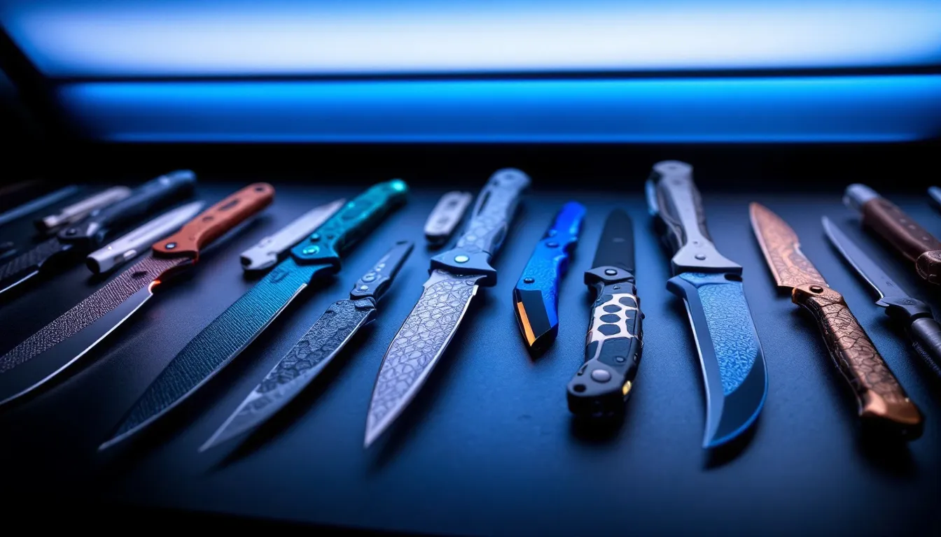 Display of notable knives featuring Elmax steel.