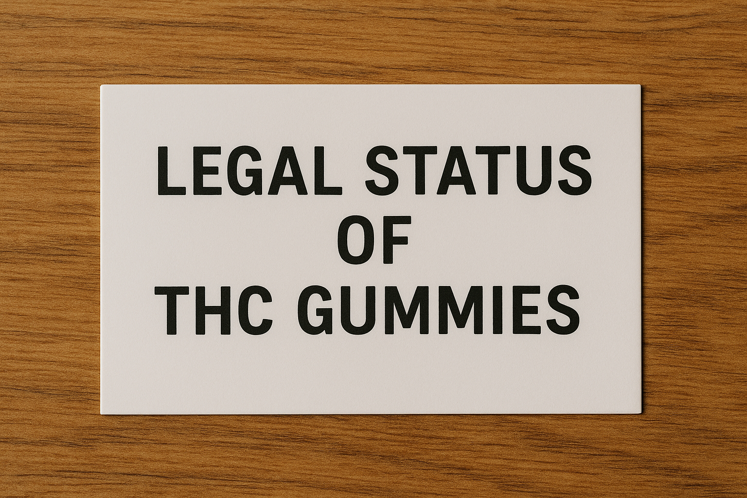 White card with bold black text reading “Legal Status of THC Gummies” placed on a wooden surface, conveying information about cannabis regulation.