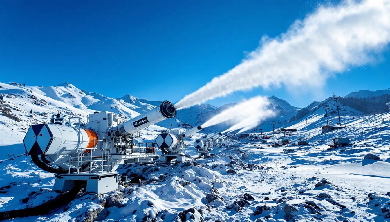 The image depicts the base area of Brian Head Resort, where snow-making equipment is actively operating under clear winter skies, creating an exciting atmosphere for skiers and snowboarders. The scene highlights the resort's commitment to providing quality skiing conditions during the ski season in southern Utah.