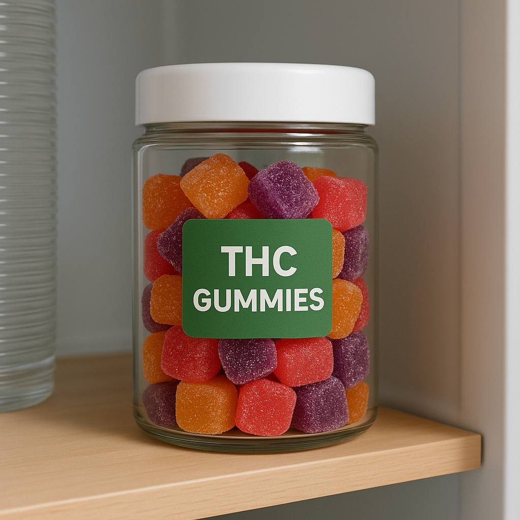 Glass jar labeled “THC Gummies” placed inside a wooden cabinet with the door slightly ajar, filled with colorful green and orange gummies, representing proper storage for extended shelf life.