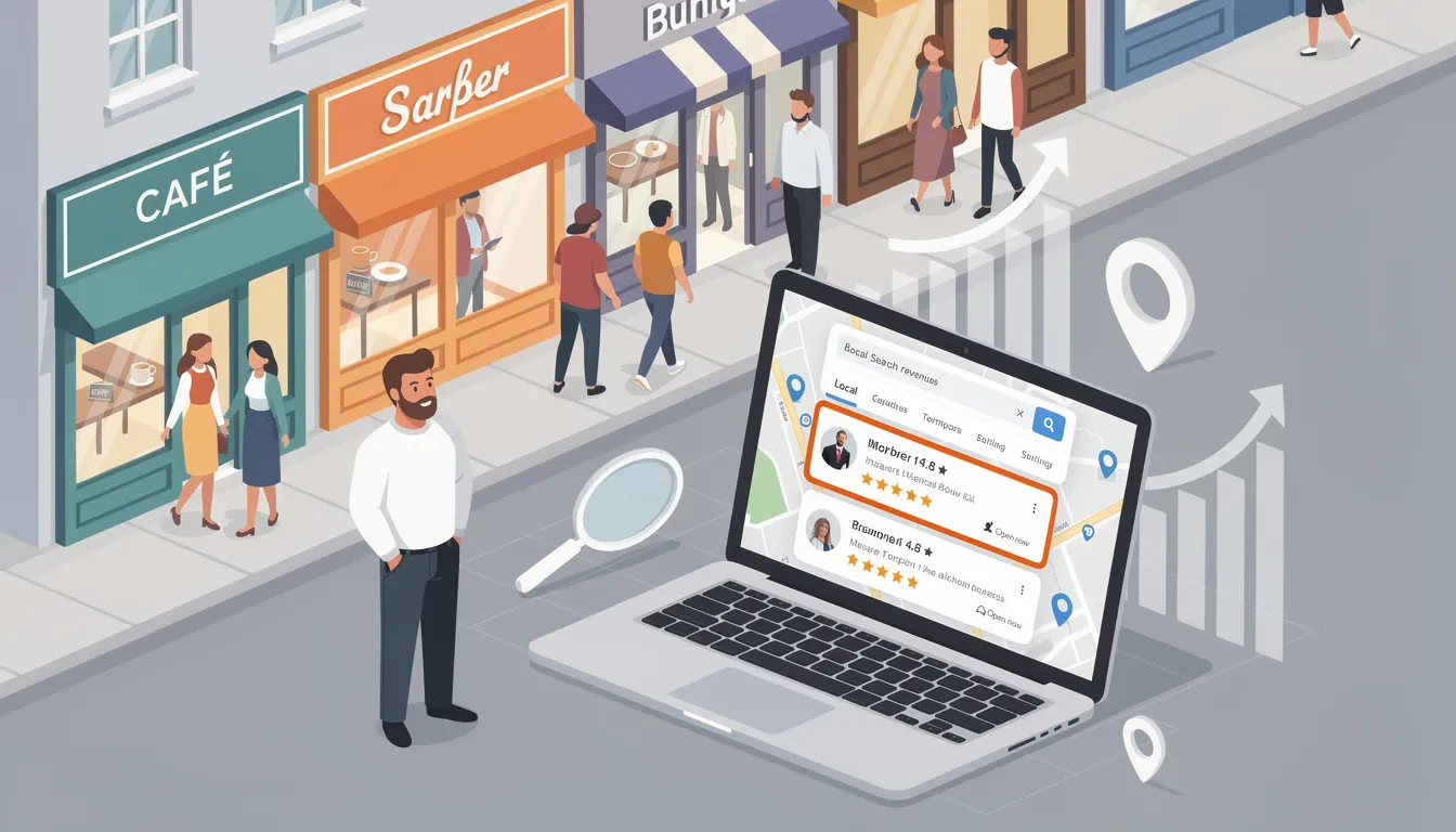The image illustrates the concept of local SEO, showcasing a small business owner analyzing their Google Business Profile and local search rankings on a digital device. It emphasizes the importance of local search visibility and tracking local SEO performance to attract more local clients and improve foot traffic.