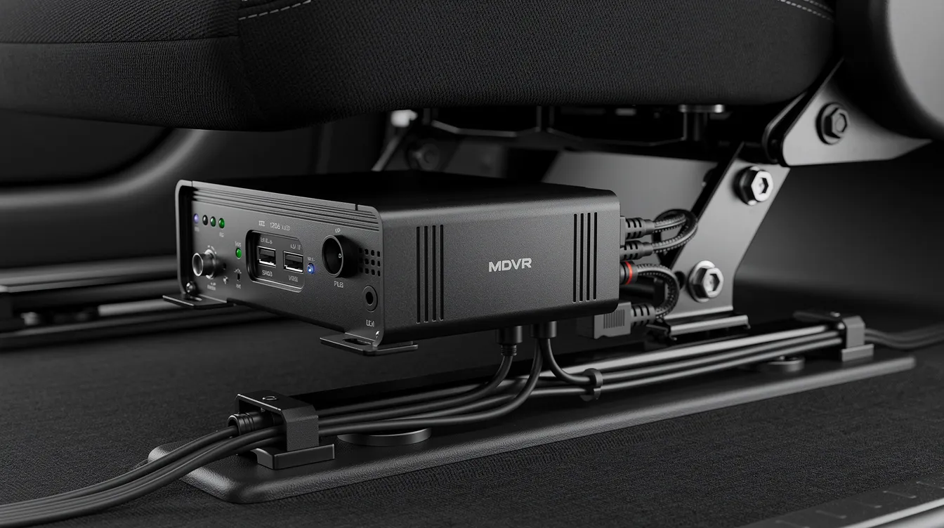 MDVR Systems Explained: The image shows a black mobile digital video recorder (MDVR) unit securely mounted under a vehicle seat, with visible cable connections that facilitate video recording and monitoring. This MDVR system is essential for fleet management, providing video footage and data security for commercial vehicles.