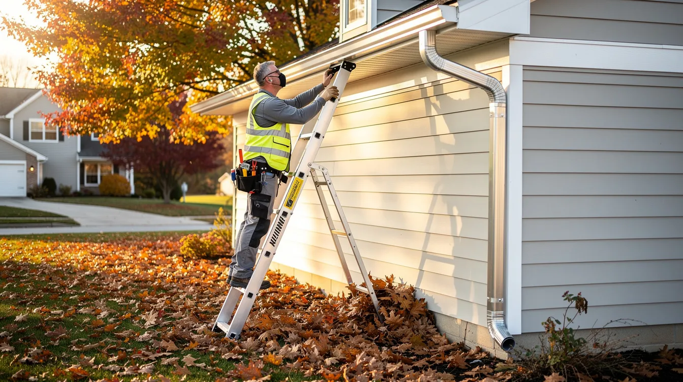A technician is carefully inspecting seamless aluminum gutters on a residential home in the Pueblo area during autumn, with a backdrop of dry leaves scattered on the ground. This project aims to ensure proper water drainage and protect the property from potential water damage.