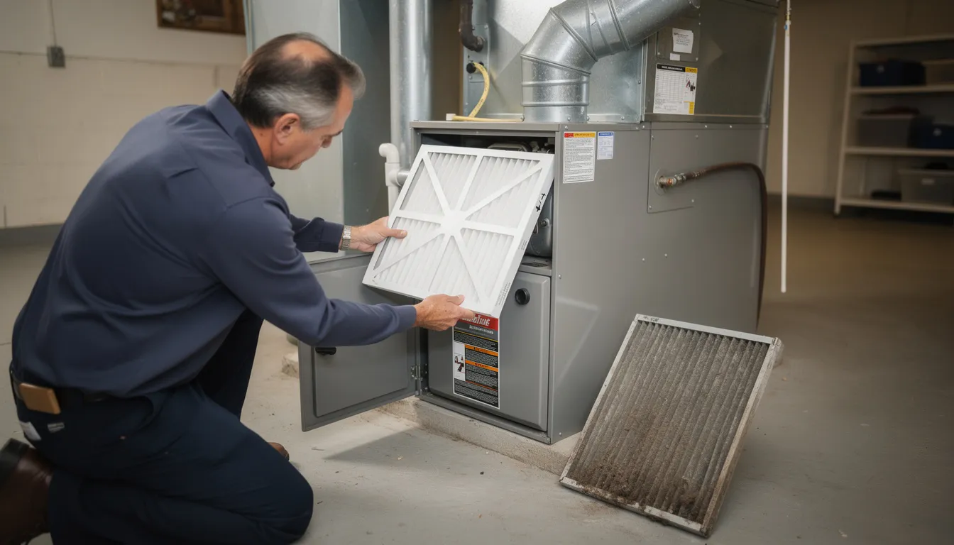 A homeowner is seen replacing the HVAC air filter in a residential furnace unit, ensuring fresh air circulation in the house. This maintenance step is essential for improving indoor air quality and reducing smoke odors that may linger after a fire.