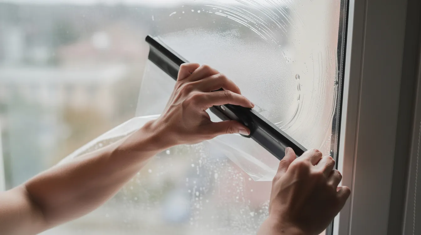 Two hands using a squeegee to smooth frosted glass window film against a clear glass surface