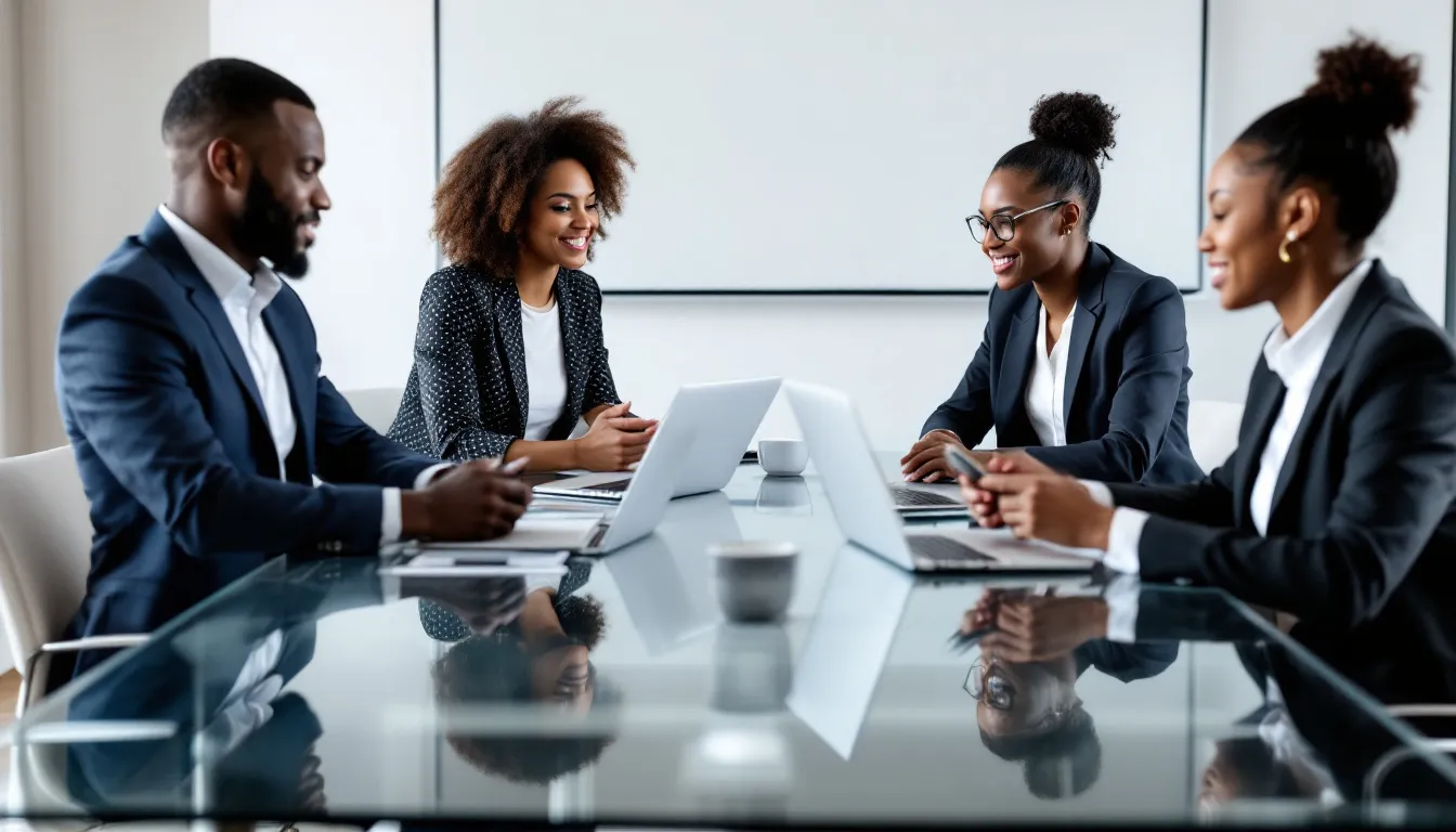 In the image, a diverse group of business professionals collaborates around a conference table, engaging with laptops and mobile devices to enhance their social media management strategies. Their teamwork reflects the importance of effective social media marketing and the use of management tools to drive market expansion and audience engagement.