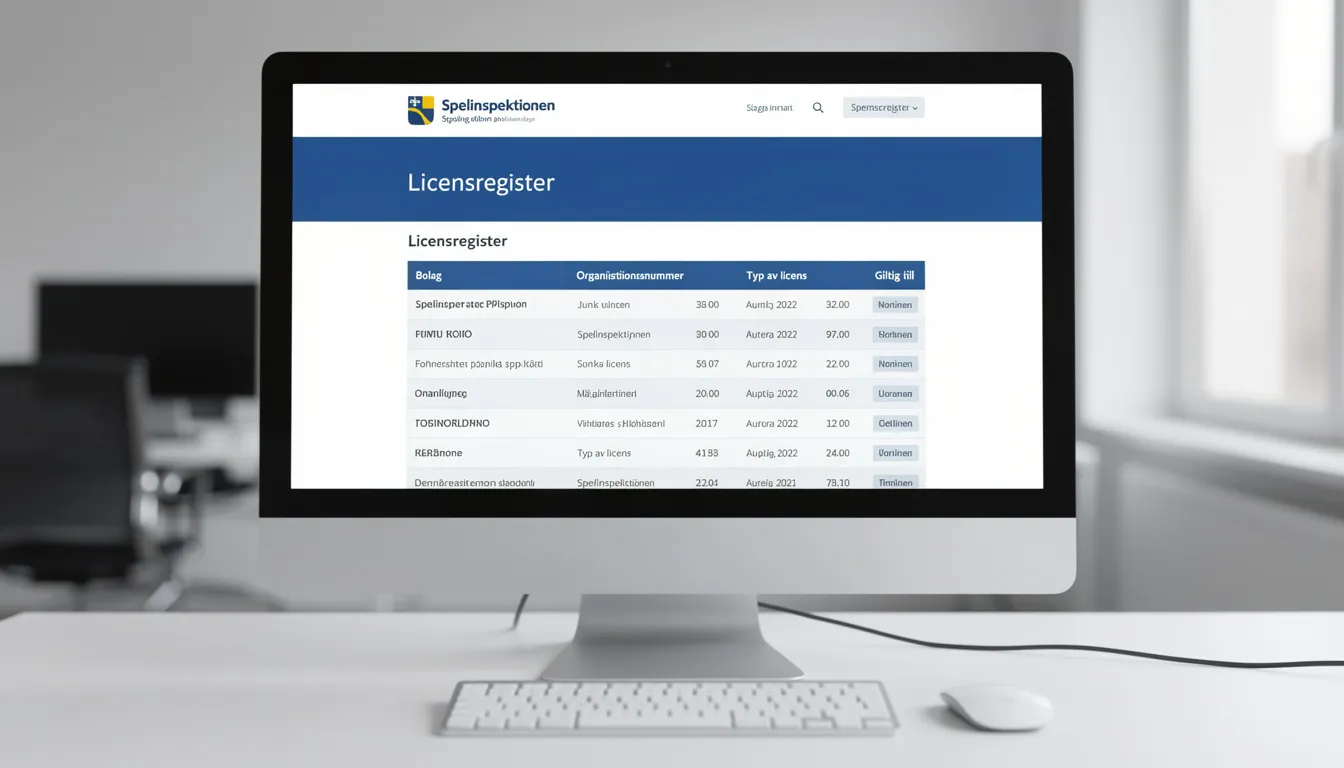 En dator visar Spelinspektionens webbplats med licensregister, där användare kan se information om olika spelbolag med svensk licens. Sidan innehåller detaljer om casinon med svensk spellicens och regler för ansvarsfullt spelande.