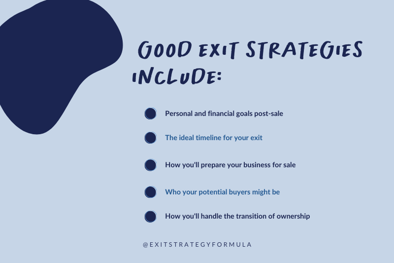 Key elements of a good exit strategy for selling a small business, including setting goals, timeline, preparation, potential buyers, and transition planning.