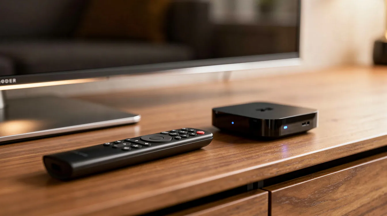 A close-up image shows a remote control and a streaming device placed next to a smart TV, highlighting the convenience of accessing premium entertainment and live channels through an IPTV service. This setup offers users a chance to enjoy a free IPTV trial with smooth streaming and HD picture quality on multiple devices.