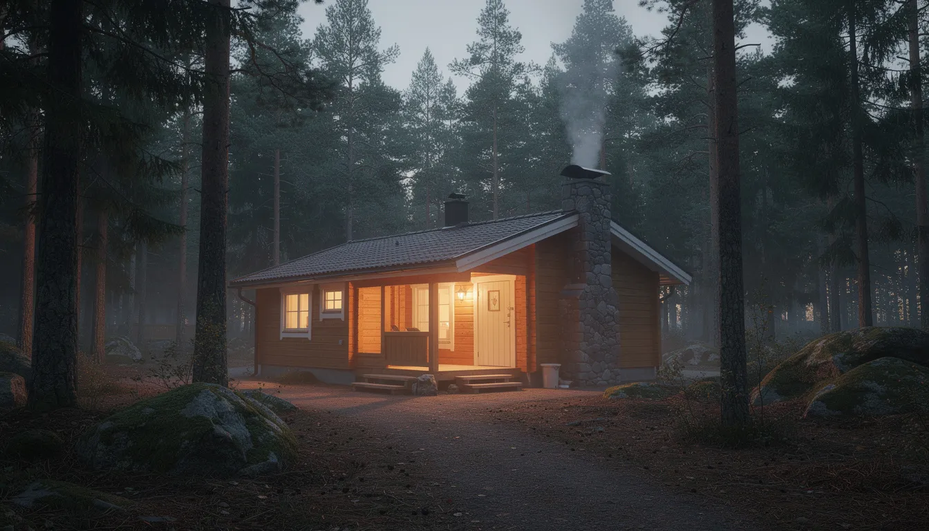 En mysig träkoja i en svensk skog, upplyst av varmt ljus som strömmar genom fönstren. Omgivningen är lugn och inbjudande, vilket skapar en känsla av avkoppling och harmoni med naturen.