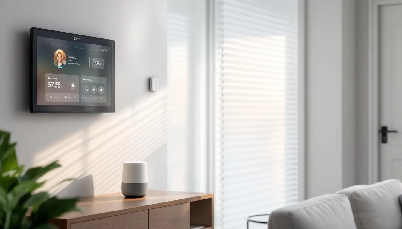 The image depicts a modern smart home interior featuring sleek electric roller blinds and various connected devices, showcasing a harmonious blend of light filtering and daytime privacy. The setup emphasizes home automation with remote control capabilities, enhancing convenience and security in the living space.
