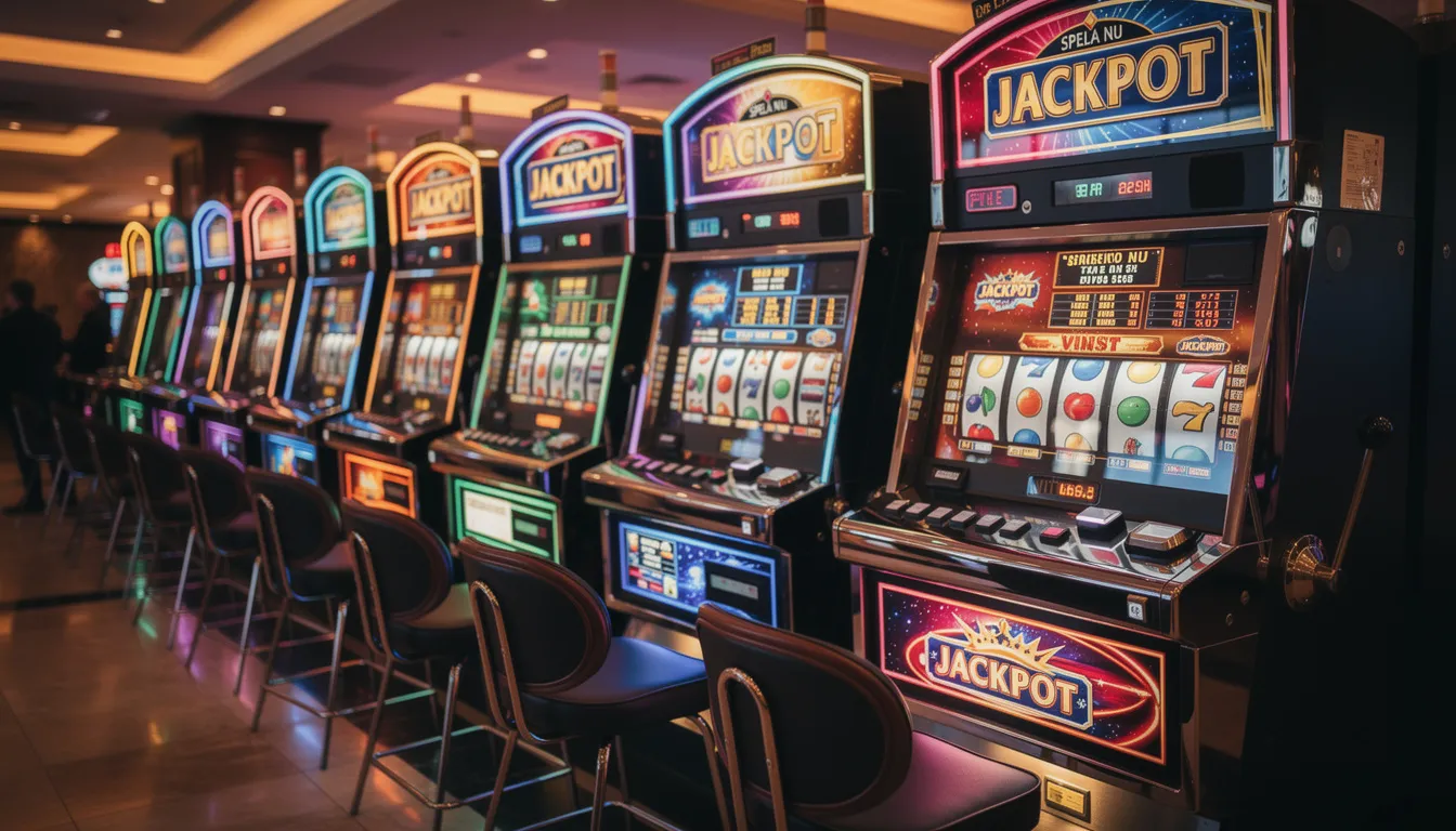 En rad av färgglada spelautomater står i ett rum, alla med blinkande ljus som skapar en livlig atmosfär. Dessa slotmaskiner är en del av en underhållande spelupplevelse, perfekt för ett besök på ett casino.