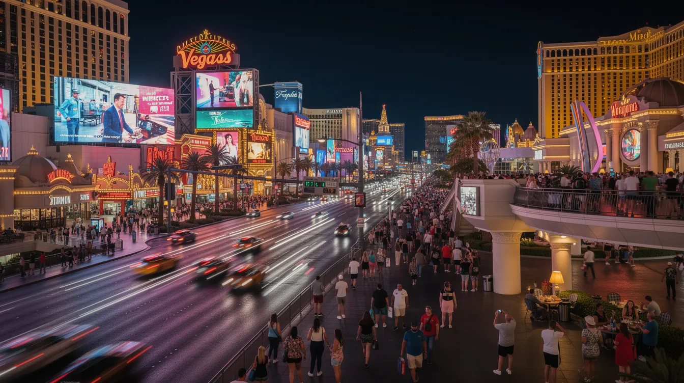 The image depicts the vibrant Las Vegas Strip at night, illuminated by the dazzling lights of various casinos, with crowds of tourists enjoying the lively atmosphere. In the backdrop, the iconic skyline is visible, showcasing the bustling energy of the city that never sleeps.