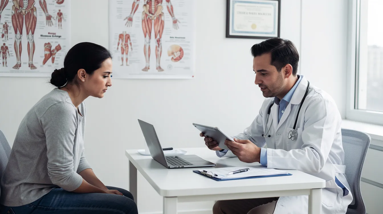 A person is sitting across from a doctor in a medical office, discussing their sleep habits and concerns about sleep deprivation. The consultation focuses on the importance of quality sleep for overall health and mental well-being.