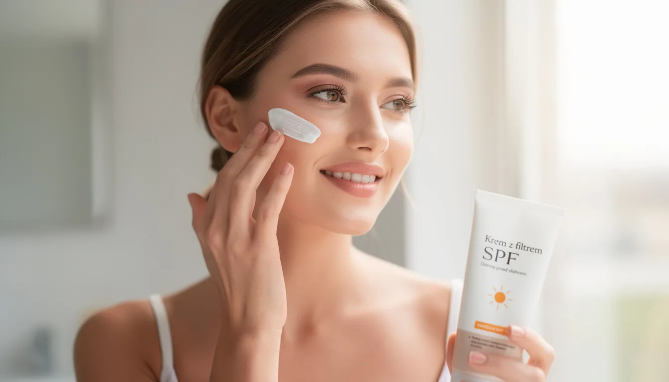 Na zdjęciu widoczna jest kobieta, która starannie nakłada krem z filtrem SPF na swoją twarz, dbając o ochronę skóry przed szkodliwym promieniowaniem słonecznym. W kontekście zdrowia skóry, warto pamiętać o regularnym usuwaniu kępek żółtych, które mogą pojawiać się na powiekach, a ich usunięcie często wymaga zabiegu w znieczuleniu miejscowym.