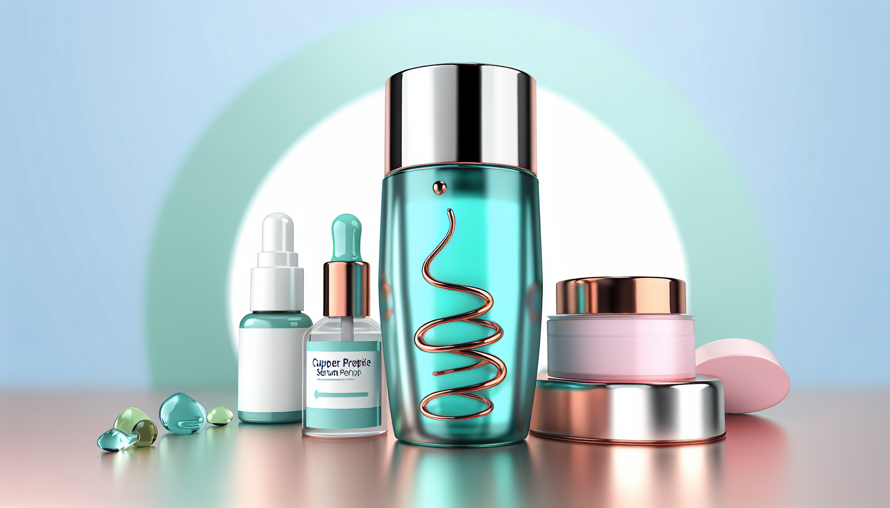 Bottle of copper peptide serum with skincare products in the background